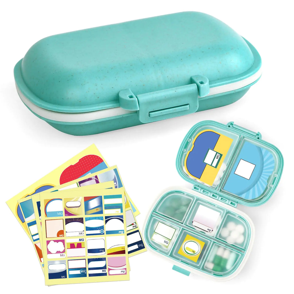1Pack Travel Pill Organizer & 56 Medicine Name Stickers 8 Compartments Portable Pill Case Small Pill Box for Pocket Purse Portable Medicine Vitamin Container with Stickers (Blue with Stickers)