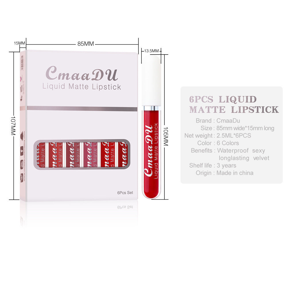 6-Pack Waterproof Velvet Lip Gloss — Long Lasting & Non-Stick Finish