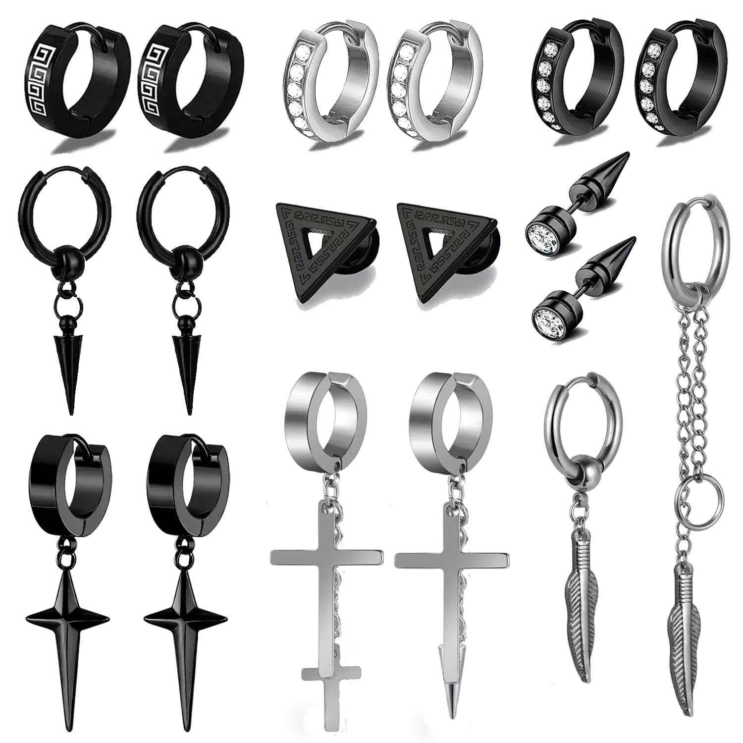 XINNSTAR 9 Pairs Earrings for Men Stainless Steel Men Earrings Set Hypoallergenic Cross Dangle Hoop Black Stud Earrings Piercing Jewelry for Men Women