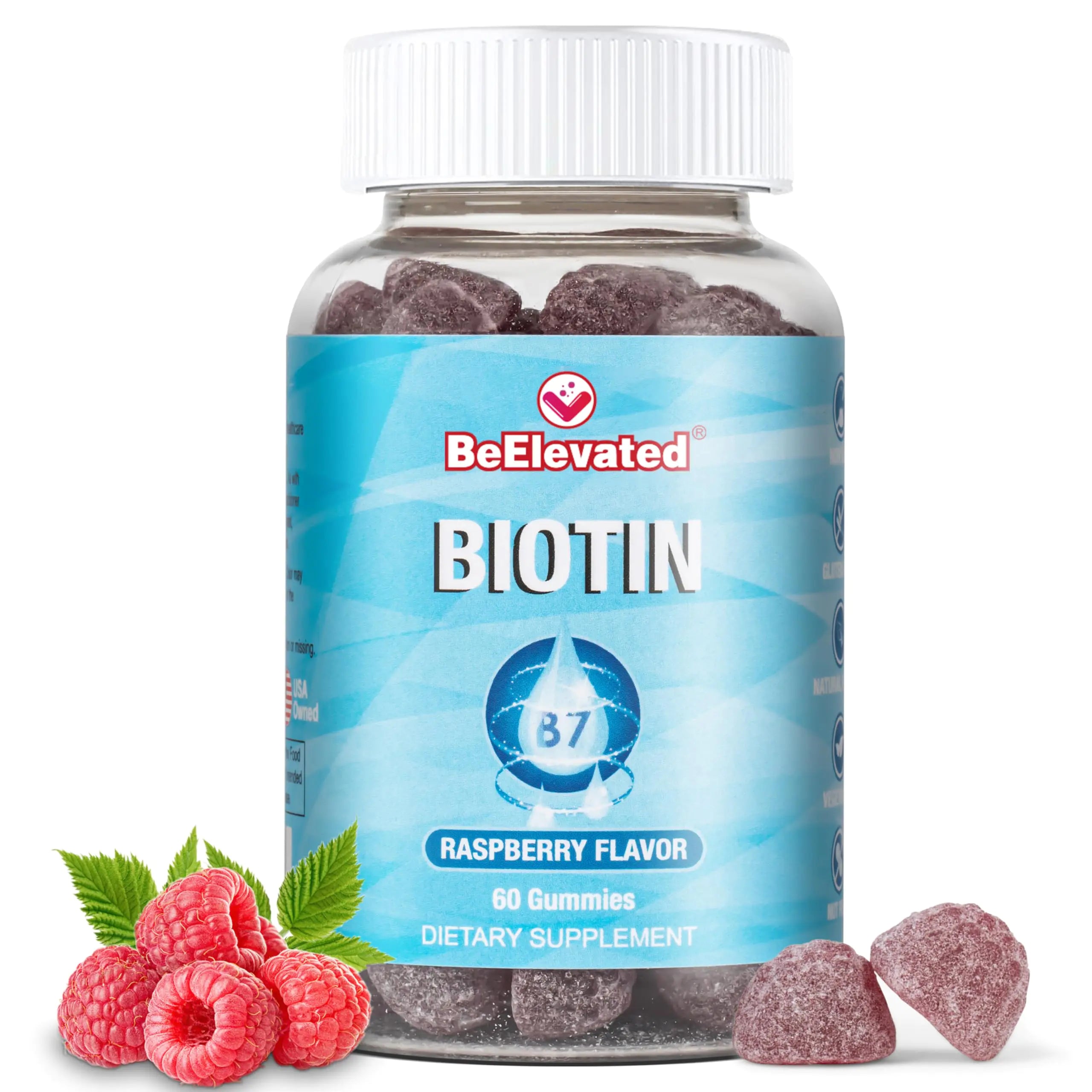BeElevated Biotin Gummies - Hair and Nails Strength Growth Vitamins Supplements for Health and Beauty - 10000 MCG Skin Chewable Supplement - Raspberry Flavor - (60 Count Bottle)
